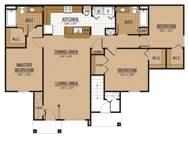 Floor plan for 3 beds, 2 baths, 1407 sqft